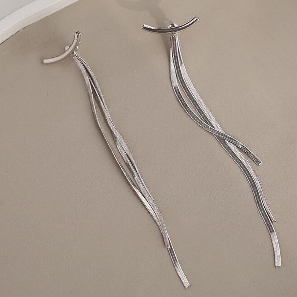 NEW STERLING SILVER BAR LONG TASSEL ARC EARRINGS - Picture 3 of 6